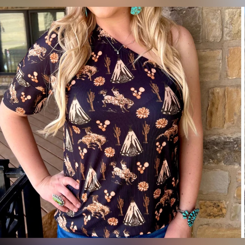 Sterling Kreek not my first rodeo One-Shoulder western Printed Top size S
